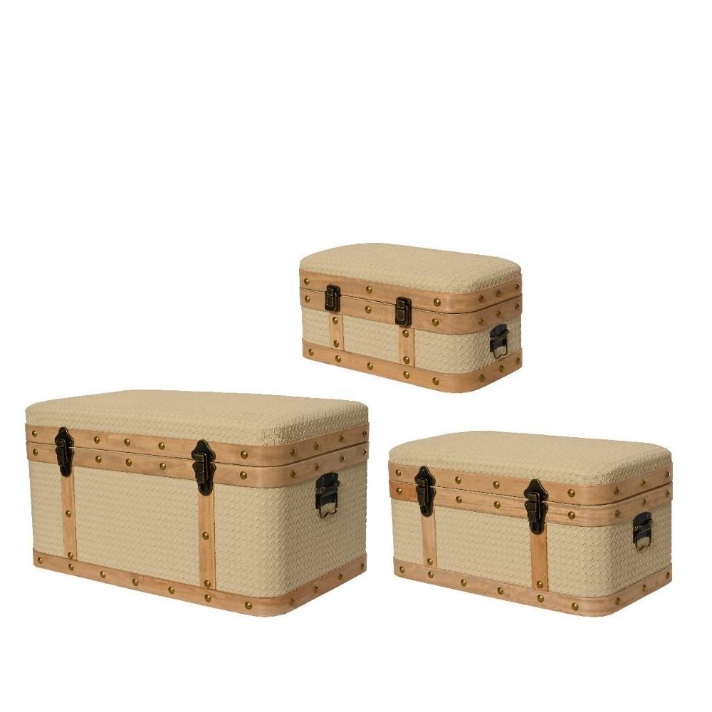 SET 3 BAULI CREMA LEGNO E ACCIAIO H.33